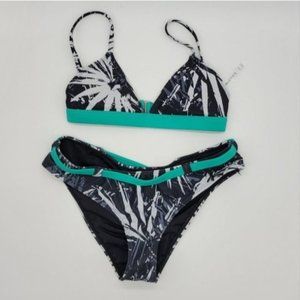 Fabletics black teal palm leaf bikini swimsuit XS